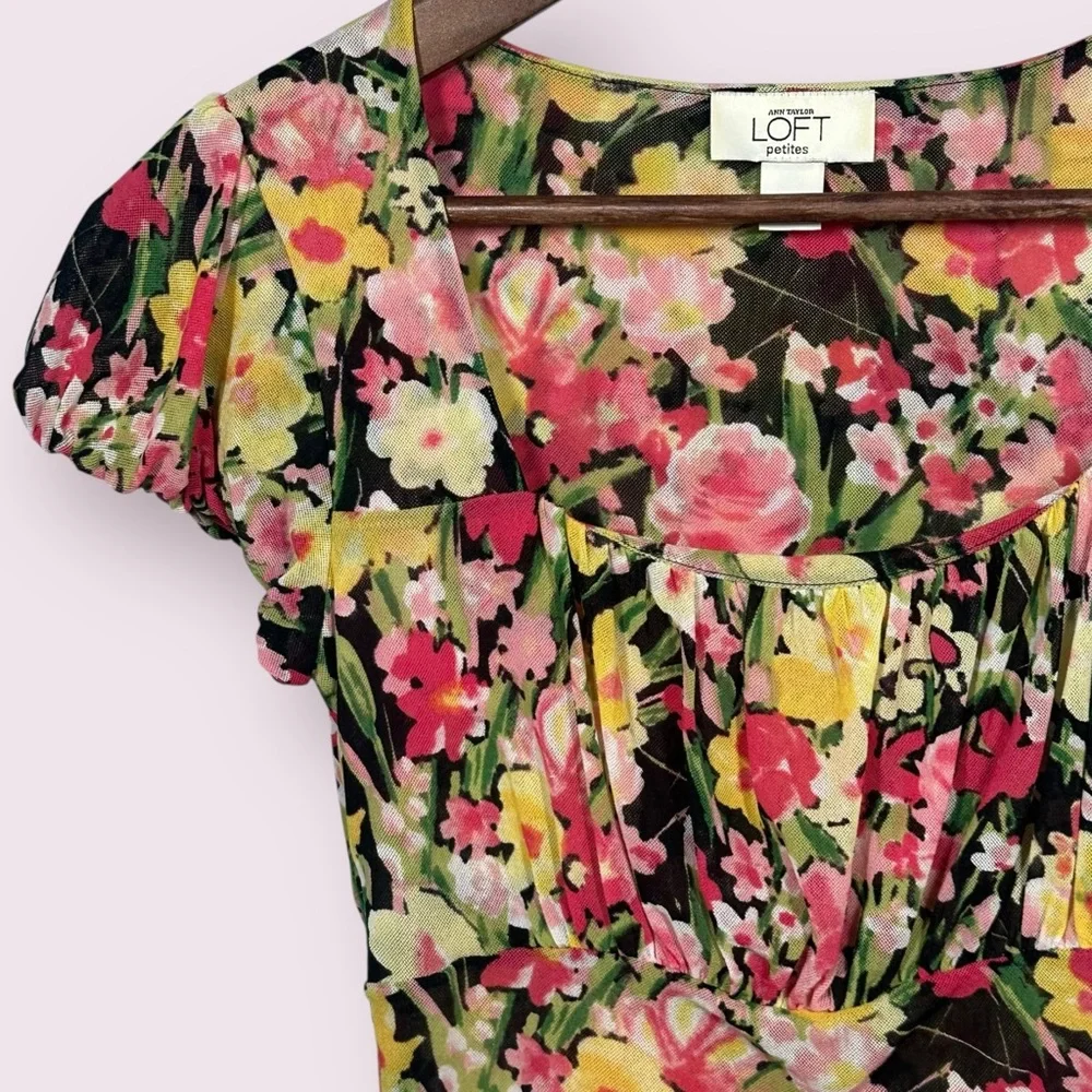 Y2K Floral Babydoll Milkmaid Mesh Top Sz XXS Floral Puff Sleeves Square Neckline